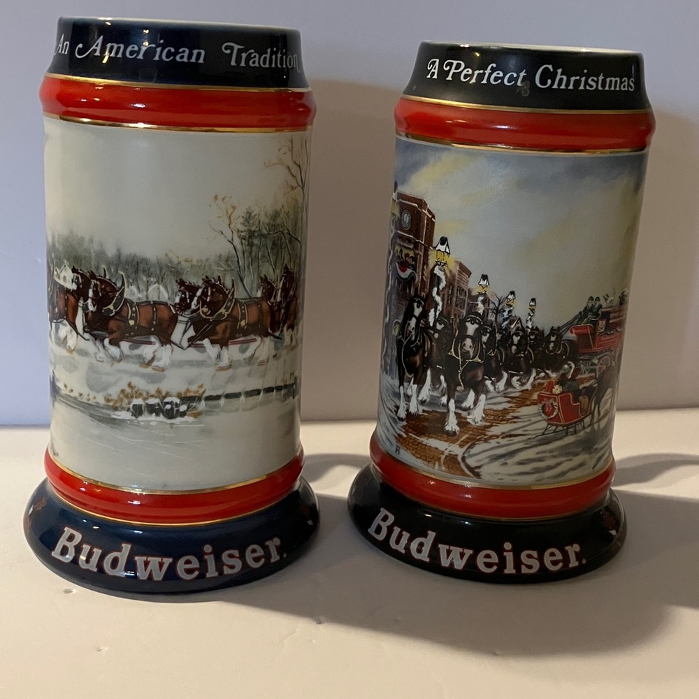 Vintage Budweiser Clydesdale 1990 & 1992 Winter Scene Christmas Steins‎